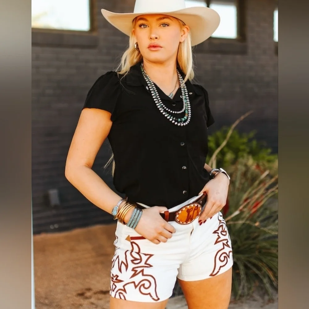 NEW LUCKY & BLESSED Ivory Embroidered Denim Shorts W/ Brown Western Boot-stitch